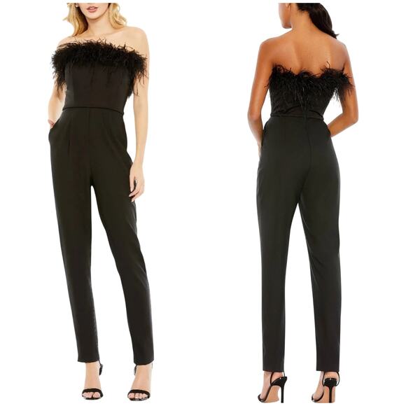 Mac Duggal NWT Strapless Crepe Formal Jumpsuit Feather Trim Size 2 Black Pockets - Picture 1 of 9